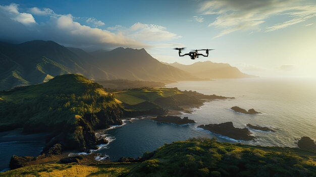 Photo a drone flight with an immersive photo showcasing the drone in action a breathtaking view of the sea or mountains from the drone's perspective creating a visually stunning scene