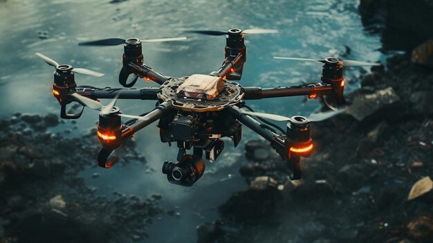 drone flying on the background of a mountain landscape