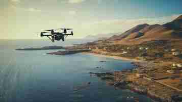 Photo a drone flying over a beach with mountains in the background