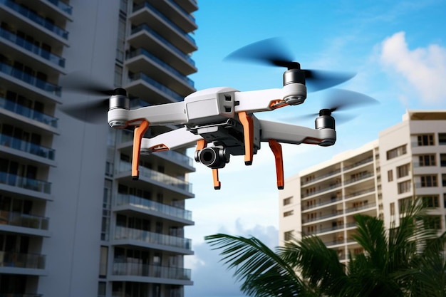 Photo a drone flying over a beach with palm trees in the background