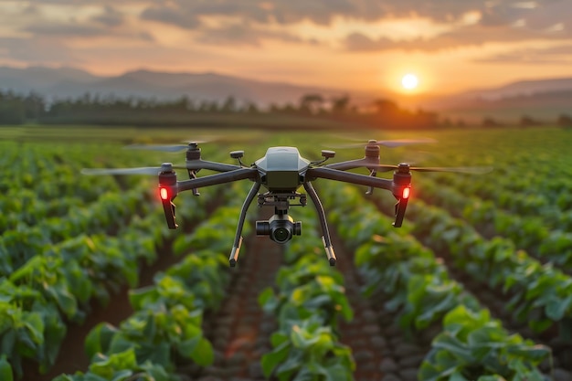 Drone flying over farm fields at sunset for precision agriculture