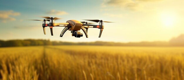 Drone flying farmland at sunset day ai generated