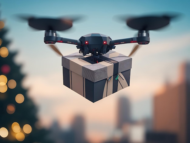 A drone flying over a gift box with a bokeh panorama