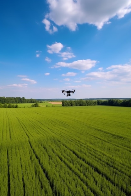 Drone flying over a green field with blue sky and clouds