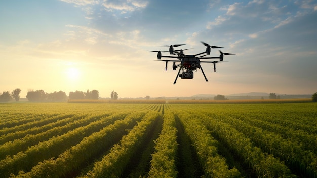 drone flying on the green wheat field