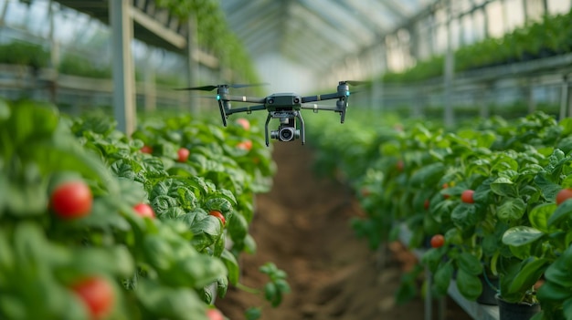 Foto drone che vola sopra una serra piena di piante di pomodoro