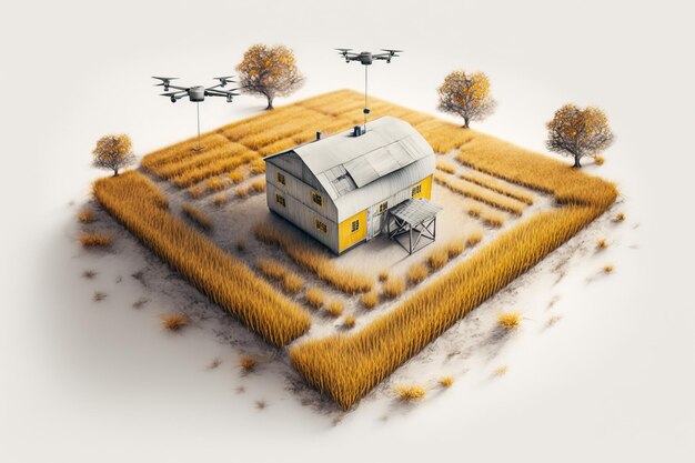 A drone flying over a house in a field