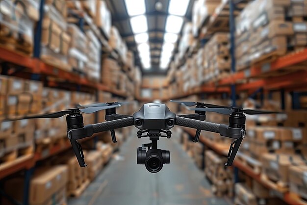 Foto drone che vola all'interno del magazzino