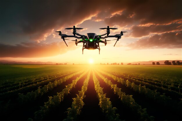 Drone flying monitoring plantation on smart farm Modern agriculture terrain scanning technology AI generated