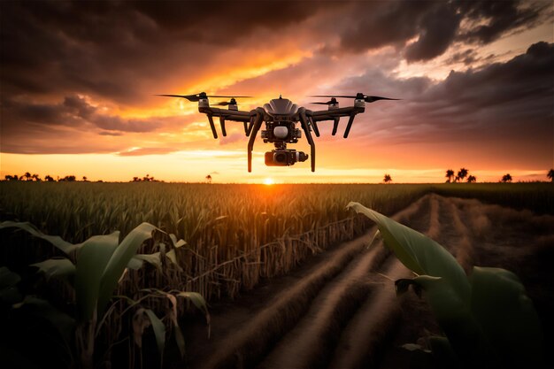 Drone flying monitoring plantation on smart farm Modern agriculture terrain scanning technology AI generated