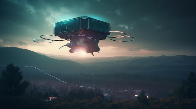 A drone flying over a mountain at dusk