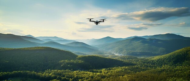 Foto drone che vola su un paesaggio di montagna con una foresta sullo sfondo