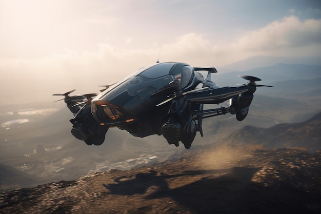 A drone flying over a mountain with the sky in the background.