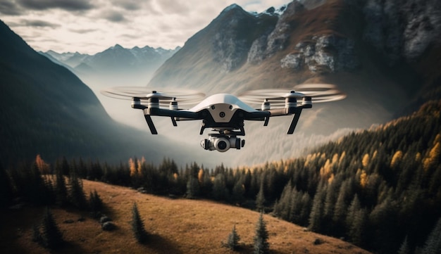 A drone flying over a mountain with the words drone flying above it.