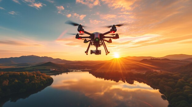 Дрон, летящий над живописным ландшафтом, оснащенный современными камерами для съемки