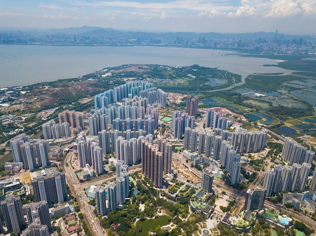 Drone flying over the residential district in Hong Kong