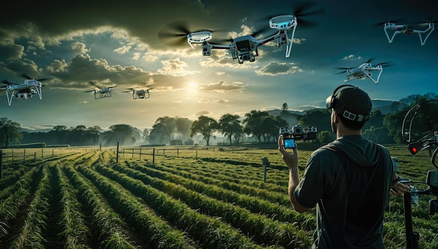 Drone flying in the sky over agriculture field IOT drones AI farming