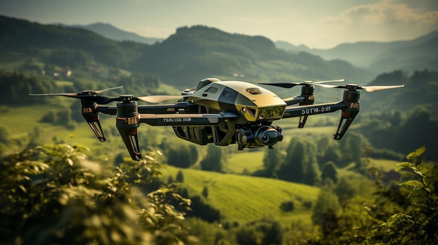 a drone flying in the sky and capture green field