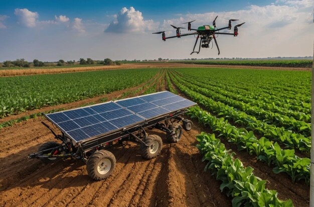 Drone flying over a smart farm land