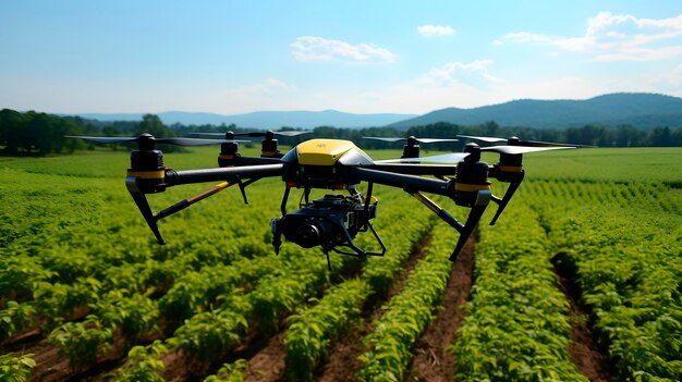 Photo a drone flying over a soybean field