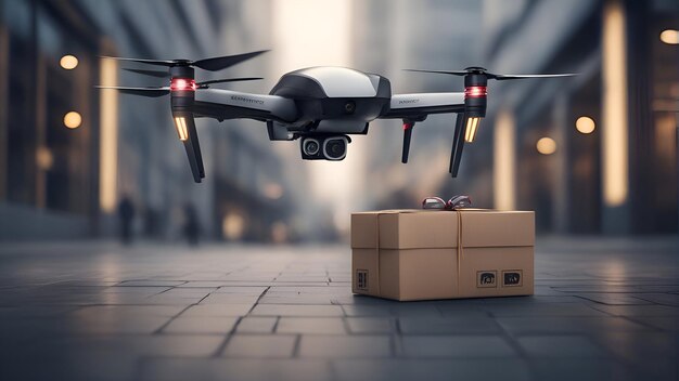 Drone flying with cardboard box on city street 3d rendering