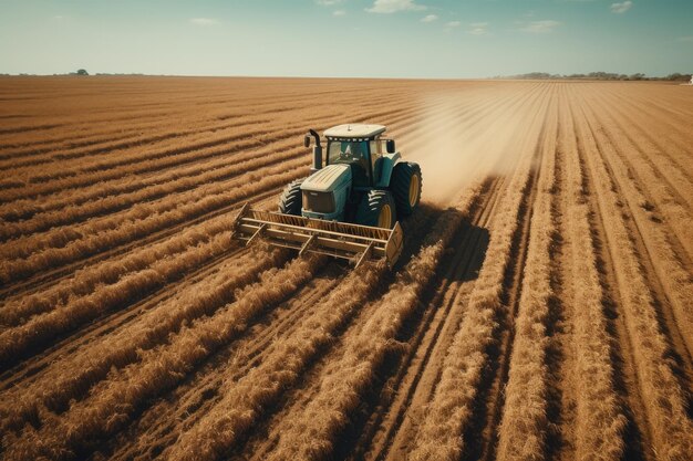 Foto riprese effettuate con drone vista dall'alto di un trattore sul campo