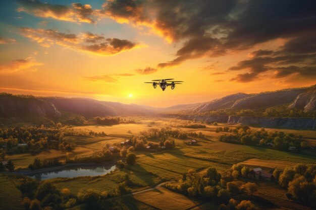 Photo drone hovering above scenic landscape at sunset created with generative ai