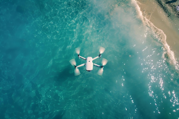 Drone hovers over sparkling ocean waters