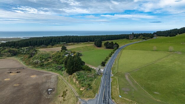 Drone image of the agricultural fields and grazing farmland around Kaikoura coast