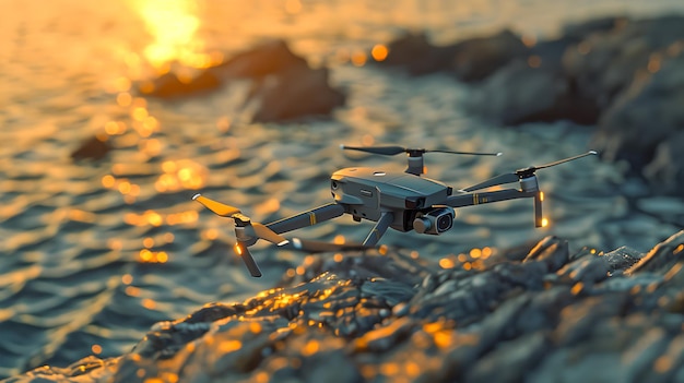 Drone in vlucht bij zonsondergang bij de zee Het vastleggen van adembenemende uitzichten met moderne technologie Serene avondvlucht voor luchtfotografie AI