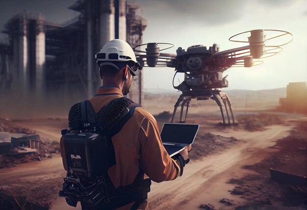 Drone inspection operator inspecting construction site control by civil engineer