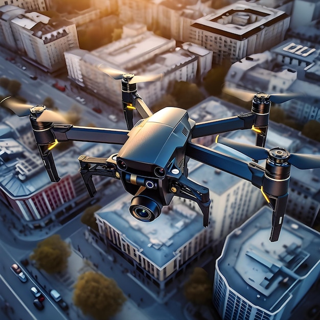 Photo a drone is flying over a city with a camera on it.