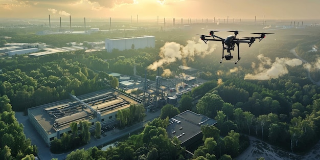 A drone is flying over a city with a large industrial area