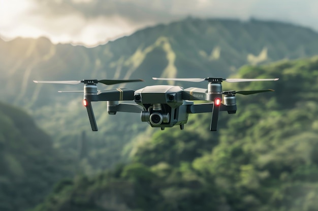 A drone is flying over a lush green forest