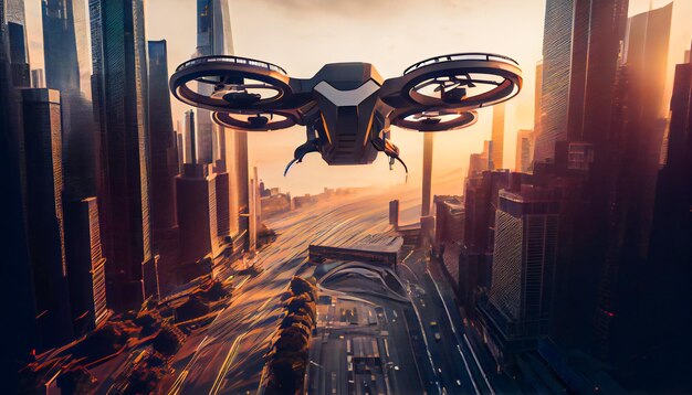 Foto un drone vola sopra una città moderna con edifici alti, strade e un skyline affollato