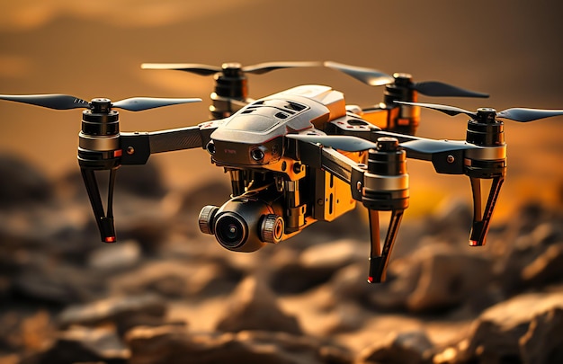 A drone is flying through a desert region at sunset
