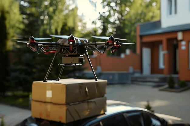 Photo a drone is sitting on top of a car with boxes