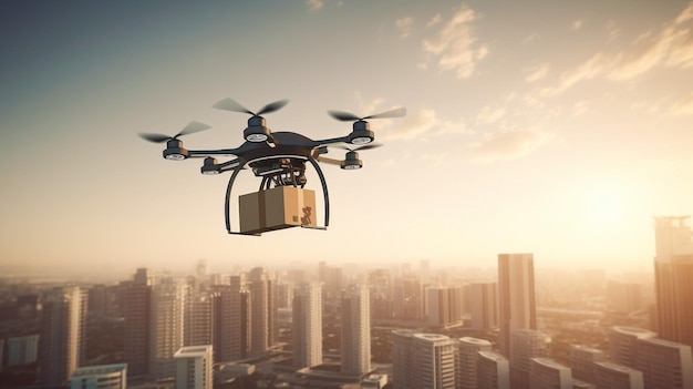 Drone levert doos vol in groene stadsstraat Generatieve AI