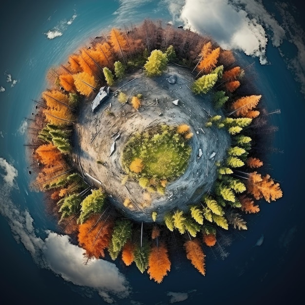 Foto drone luchtbeeld kleine planeet herfst bos hoge bomen en blauwe hemel met wolken