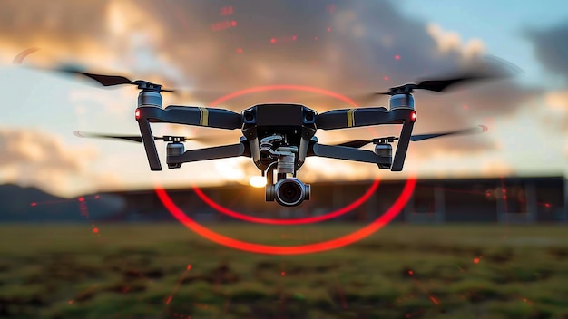 Drone met camera vliegt in de schemering met visuele tracking