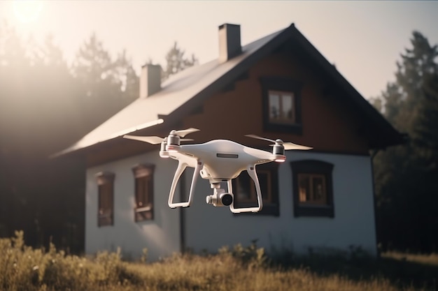 Drone met digitale camera die op de achtergrond van het huis vliegt generatieve ai