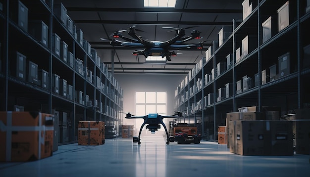 Drone met digitale camera vliegt in magazijn
