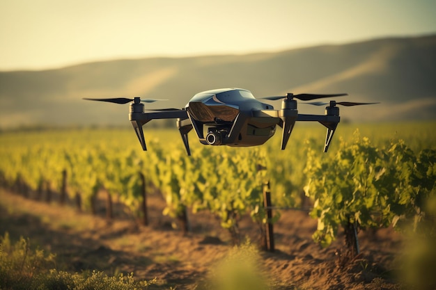 Drone met digitale camera vliegt over wijngaard in zonsondergang licht met AI gegenereerd