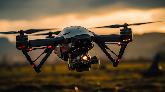 Drone met gloeiende camera vliegt in de schemering