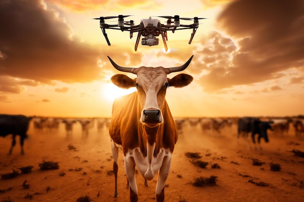 Drone monitoring cattle with microchip sensor in smart farm AI generated Agricultural technology concept