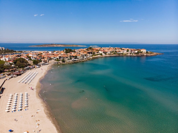 Drone panoramic view of sand beach in Sozopol in Bulgaria Aerial view from above Summer holidays destination