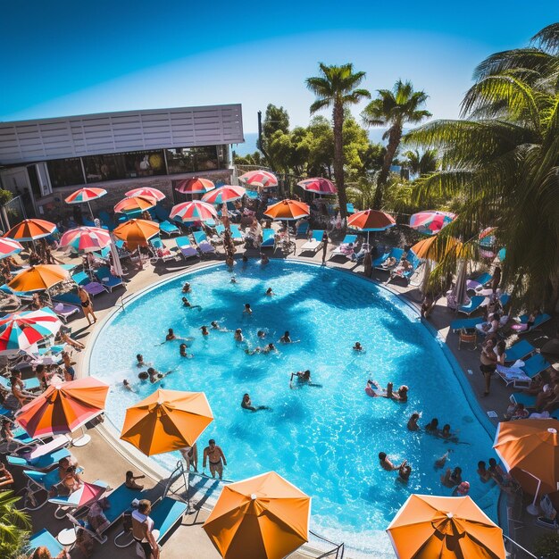 Drone perspective of a hotel pool