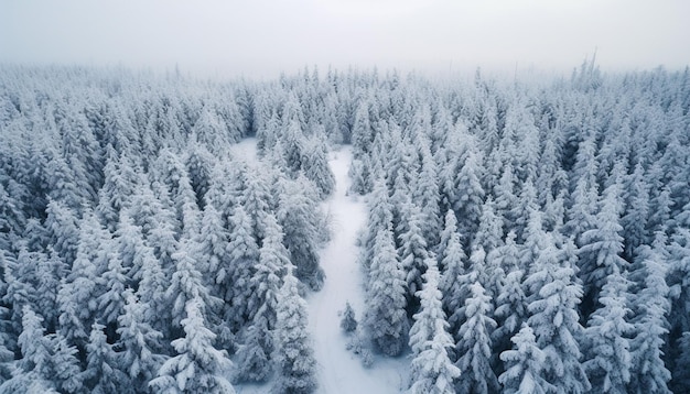 Фото с дроном вечнозеленого дерева, покрытого снегом