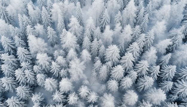 雪に覆われた常緑の木のドローン写真