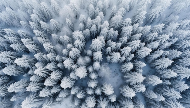 雪に覆われた常緑の木のドローン写真